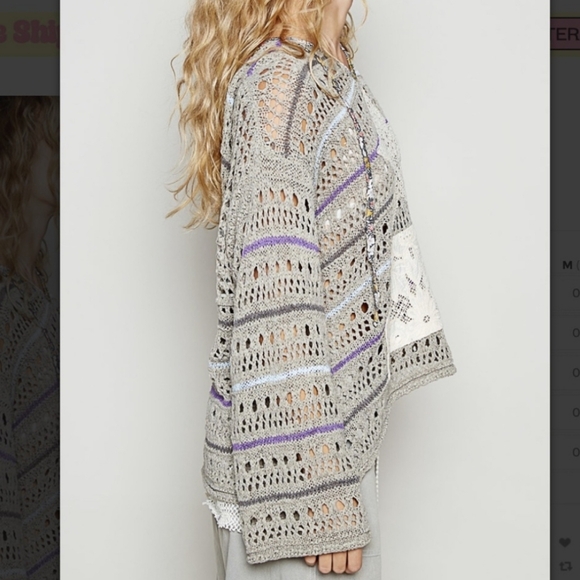 NWOT POL Boho Oversized Gray Purple Open Crochet Hoodie with Star Patch Pocket - Picture 4 of 7